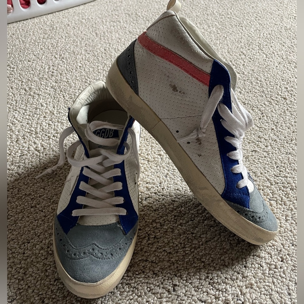 Golden Goose White and Blue Sneakers with Pink Accent